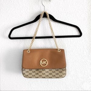 MICHAEL KORS FULTON LEATHER FLAP CHAIN SATCHEL LOGO TAN BAG